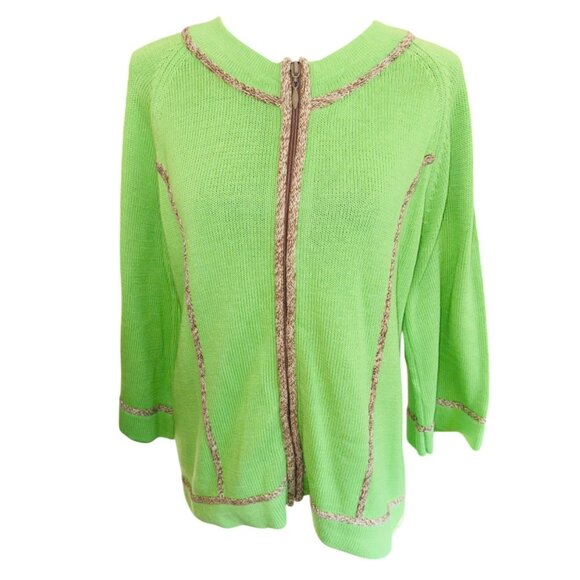 Coldwater Creek Lime Green Cardigan Sweater M Brown Cable Piping Preppy Casual - Picture 1 of 10